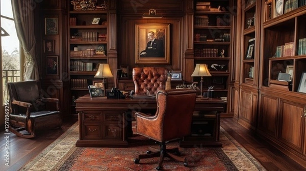 Fototapeta Elegant wooden office with a classic desk, bookshelves, and a portrait in a serene setting