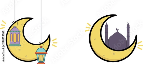 Obraz Ramadan and Eid comic cartoon style moon illustrations graphic design elements