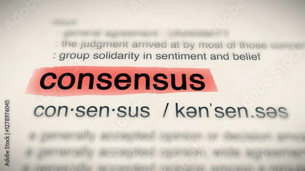 Fototapeta The word "consensus" in a dictionary, showing its definition and meaning