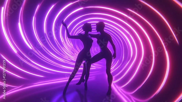 Fototapeta A 3D-animated scene of a futuristic couple dancing in zero gravity, their bodies moving in perfect harmony as neon lights swirl around them 