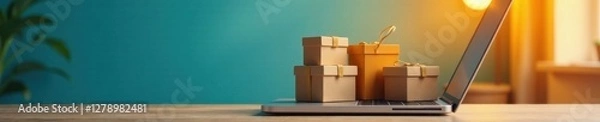 Fototapeta Product package boxes on cart with laptop computer and shopping bag , , e-commerce