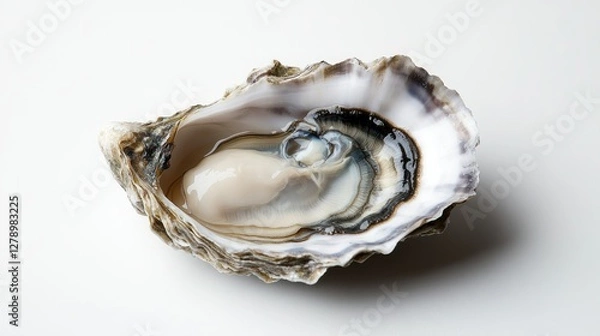 Obraz A seafood lover's dream a single opened oyster with a rugged shell and plump interior, resting on a stark white surface.