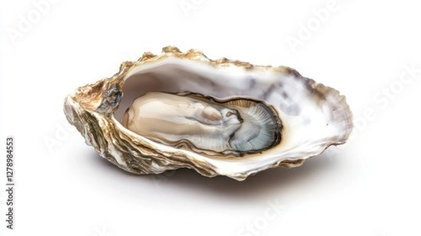 Fototapeta A simple and elegant food styling shot of a raw oyster, opened and displayed in its half shell, isolated on white.