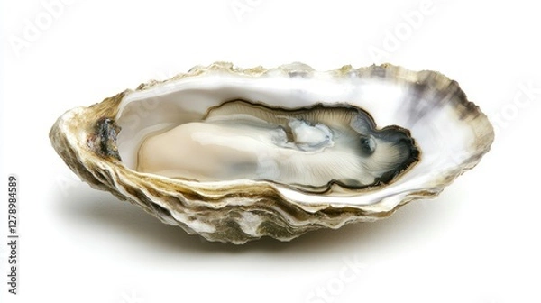 Obraz A simple and elegant food styling shot of a raw oyster, opened and displayed in its half shell, isolated on white.