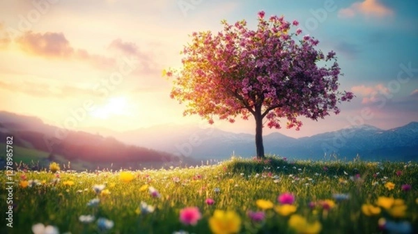 Fototapeta A tree bursting with colorful blossoms in a tranquil meadow, representing self-care and mental renewal.
