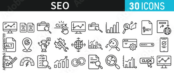 Fototapeta SEO icon set for web. Search Engine Optimization. Graph, traffic, optimization, analysis, target. Search Engine, chart and Marketing icons for web and mobile app.