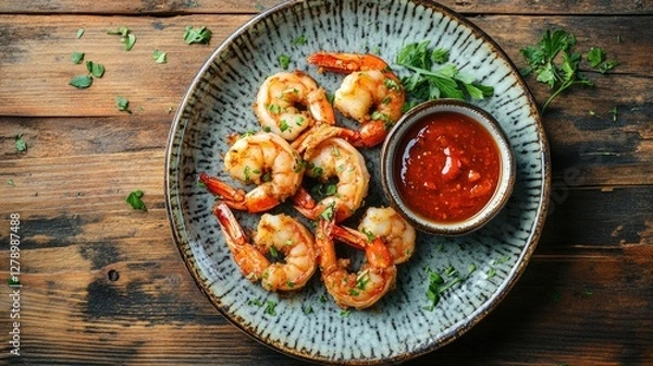 Fototapeta A top-down view of shrimp tempura on a traditional Japanese plate, with a dipping sauce, against a rustic wooden background.