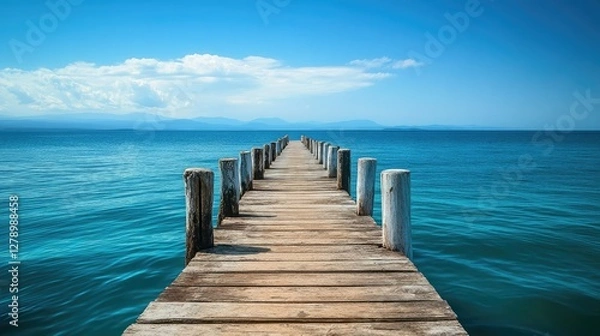 Fototapeta A weathered wooden pier reaching out into the ocean, surrounded by the vast blue sea and a clear sky.