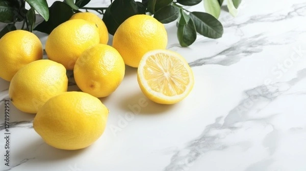 Fototapeta Composition with ripe lemons on white background 