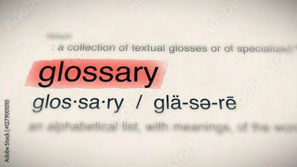 Fototapeta The word "glossary" in a dictionary, showing its definition and meaning