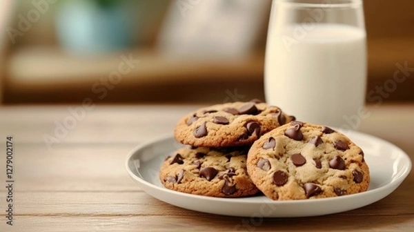 Fototapeta Indulge in the simple pleasures of life with this comforting image featuring a plate of warm, sweet chocolate chip cookies fresh from the oven, served with a glass of cold milk This high-resolution