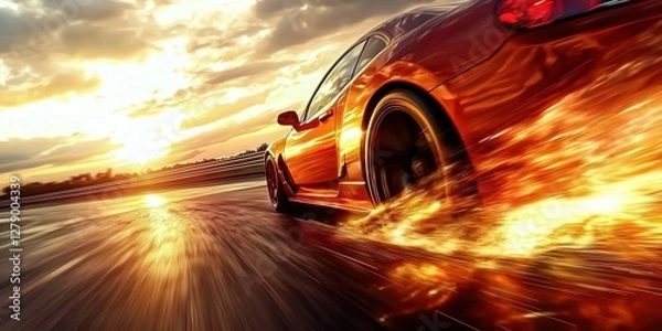 Fototapeta A breathtaking view of a speeding car on the highway at sunset.