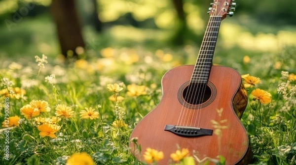 Fototapeta A guitar rests elegantly amid a vibrant field of blooming flowers, showcasing a harmonious blend of nature and music in a serene outdoor setting.