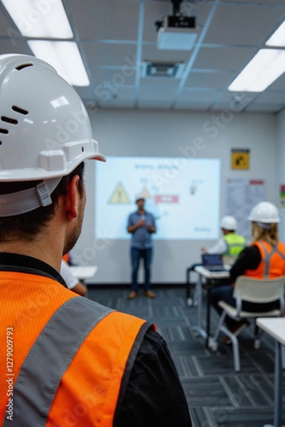 Obraz Safety training session with workers focused on projector instructions, training