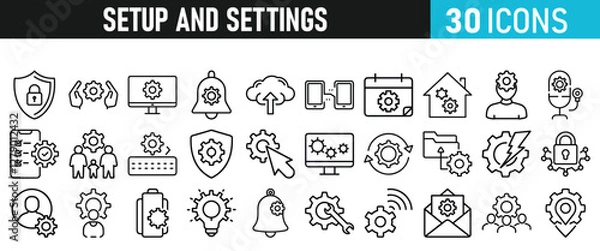 Fototapeta Settings and setup icon set. Setup icons for web and mobile app in liner style. Settings, setup, fix, maintenance, update, options, control, solution Vector illustration