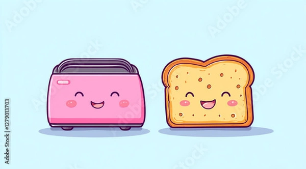 Fototapeta Cute vector illustration of two slices of toast in a toaster, in a cute,