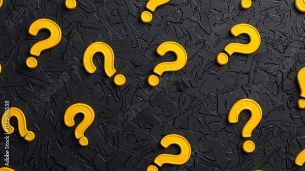 Fototapeta Yellow question marks on textured black background