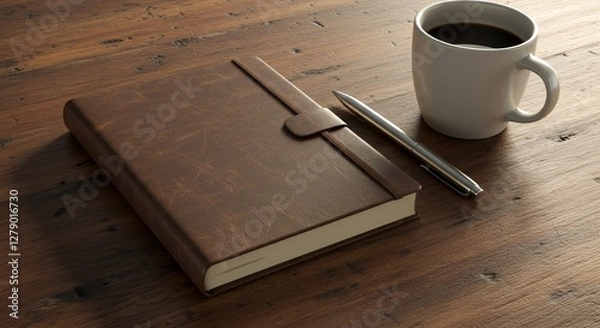 Fototapeta notebook mockup with a leather cover, placed on a rustic wooden table