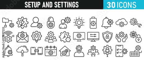 Fototapeta Settings and setup icon set. Setup icons for web and mobile app in liner style. Settings, setup, fix, maintenance, update, options, control, solution Vector illustration