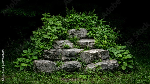 Fototapeta Stone steps overgrown by plants in forest, nature scene, background use