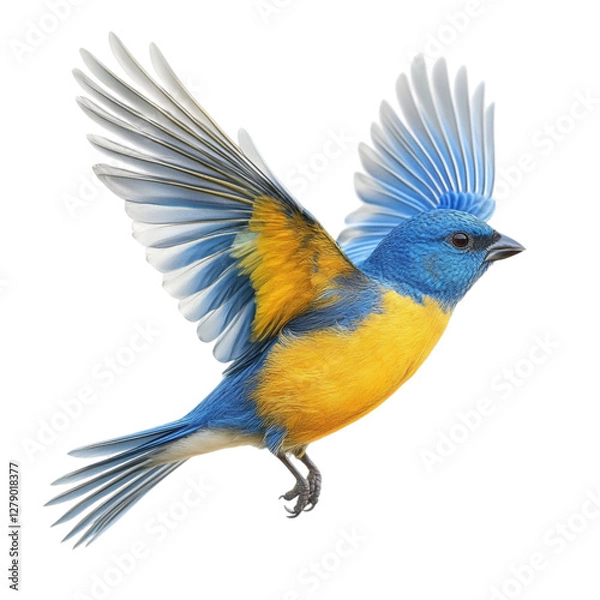 Fototapeta Blue and Gold Bird in Flight Dynamic Wings Abstract Background Joyful Movement
