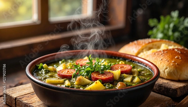 Fototapeta Steaming caldo verde soup with sausage and potatoes garnished with herbs in a rustic bowl