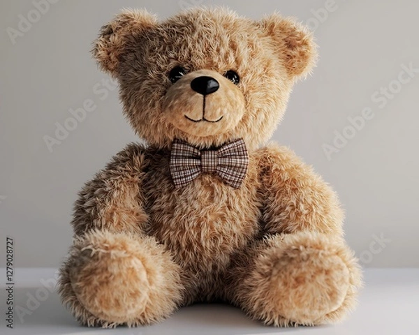 Fototapeta A soft plush teddy bear with a bow tie perfectly isolated on a clean white surface