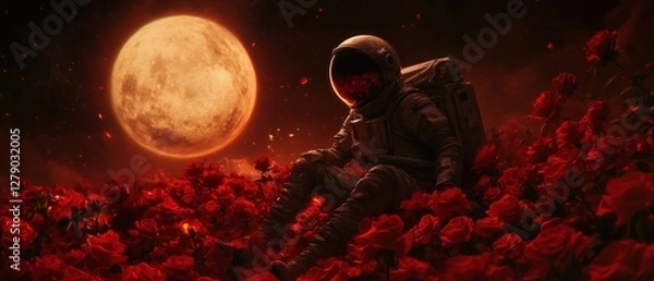 Fototapeta Fatigued Astronaut Among Red Roses Under an Alien Moon – Sci-Fi Surrealism in 4K