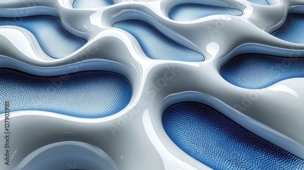 Fototapeta Abstract White and Blue Fluid Surface with Smooth Waves and Textured Patterns in 3D Design