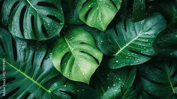 Fototapeta Lush green leaves glisten with water droplets, showcasing nature's beauty and the refreshing essence of a rain-kissed environment.