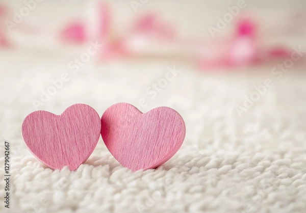 Fototapeta Elegant pink wooden hearts on soft carpet against a minimal white background with subtle "38 Women's Day" accents and warm feminine light