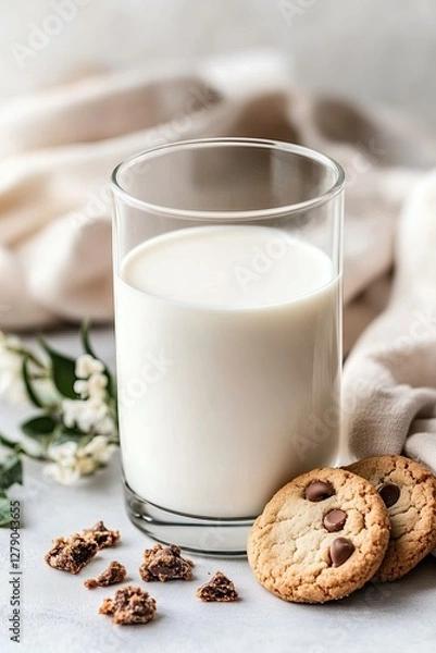 Fototapeta A glass of fresh milk with chocolate chip cookies and cookie crumbs, set against a soft fabric background with flowers. A cozy and indulgent dessert concept.

