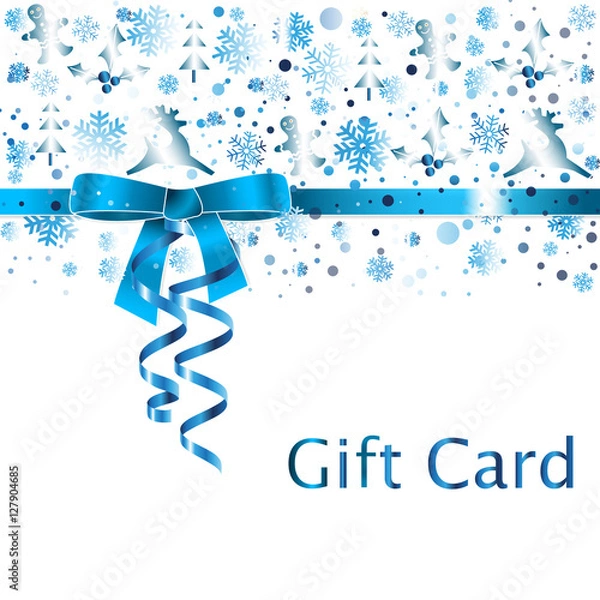 Obraz Gift Card with ribbon bow and streamers, winter elements in blue