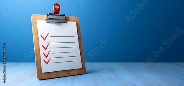 Obraz Blank checklist on clipboard with checkmarks on blue background