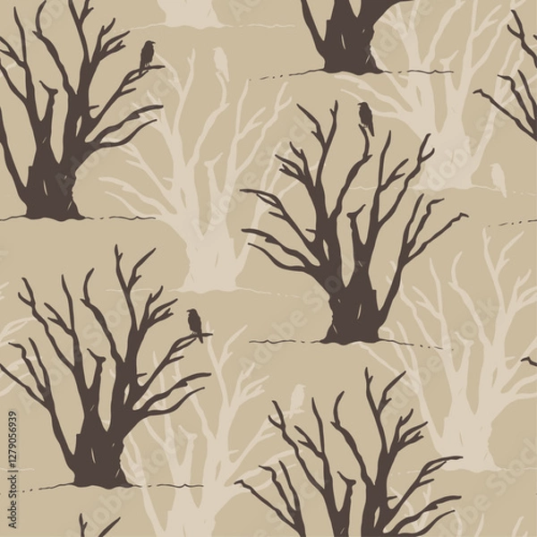Fototapeta Trees and birds vector seamless illustration, hand drawn background