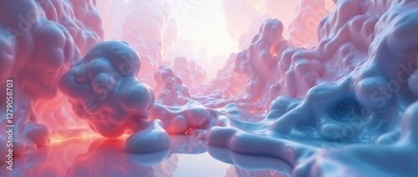 Fototapeta Surreal abstract landscape with glossy pink and blue fluid formations