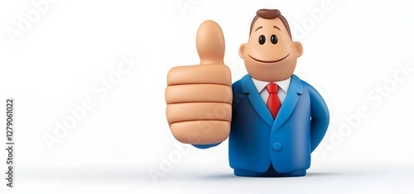 Obraz Cartoon businessman with thumbs up gesture on white background