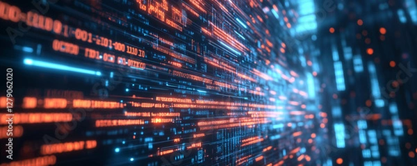 Obraz Cyber warfare attack in progress with glowing data streams in a digital landscape at nighttime