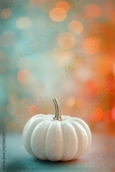Fototapeta White mini pumpkin with stem against blurred turquoise and orange bokeh background creating dreamy autumn atmosphere. Generative AI