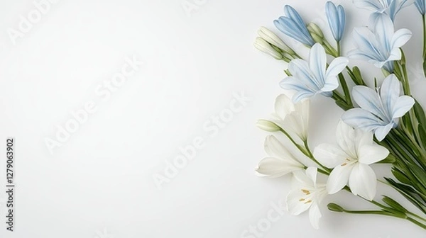 Fototapeta Colorful spring flowers arranged beautifully on a white background, showcasing a mix of blue and white blooms in a fresh and elegant display