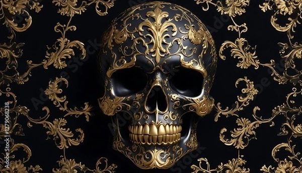 Fototapeta Ornate Skull in Gilded Baroque Pattern: A Darkly Elegant Digital Art