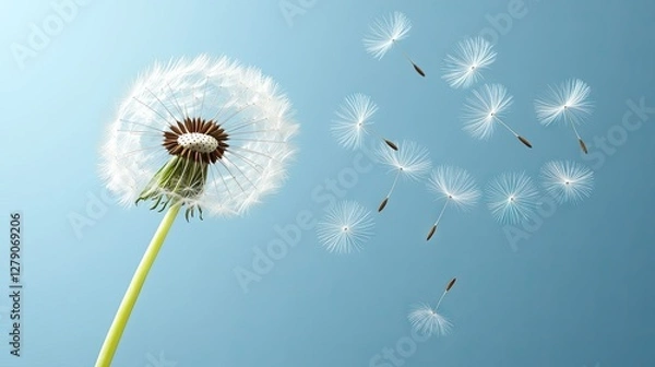 Fototapeta Dandelion seeds floating gently in the air on a clear blue background in a tranquil outdoor setting during the warm afternoon