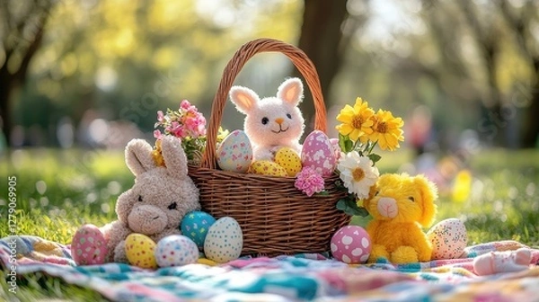 Fototapeta Easter Basket with Plush Bunny, Flowers, and Colorful Eggs