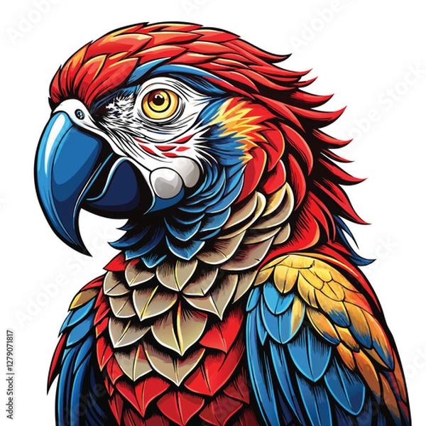 Fototapeta A vibrant parrot with highly detailed feathers, perched and tilting its head inquisitively.  Capture the intricate texture and color of its plumage.