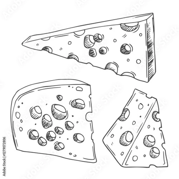 Obraz Cheese Doodle hand drawn line icon set. Different piece slice cheese for menu, design restaurant, cafe. Vector illustration