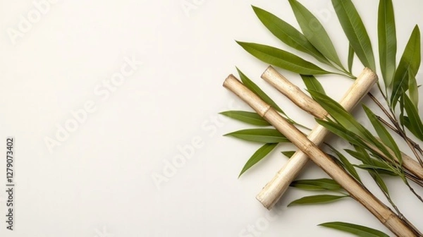 Fototapeta Bamboo Stalks with Green Leaves on Textured White Background Overhead View