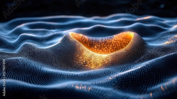 Fototapeta Abstract Surface with Glowing Golden Light and Blue Wireframe Patterns in Dark Environment