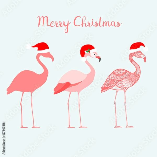 Obraz Three flamingos with Santa Claus hats, isolated vector illustration