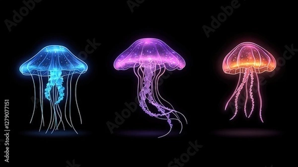 Fototapeta Ethereal Jellyfish Trio with Vibrant Colors and Glowing Effects on Black Background