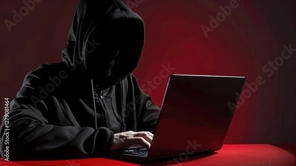Fototapeta Hidden figure typing on laptop, red background, possible cybercrime
